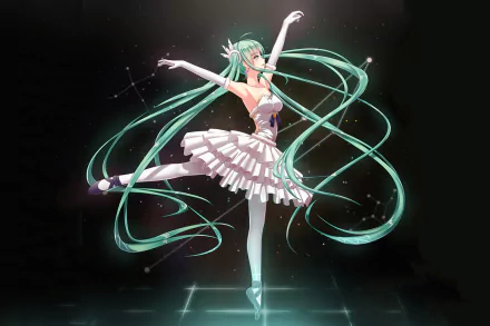 HD PC desktop wallpaper featuring Hatsune Miku, the iconic Vocaloid anime character, gracefully dancing with flowing turquoise twin-tails against a dark background.
