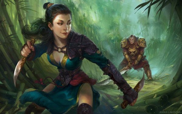 Fantasy Women Warrior Woman Warrior Black Hair Dagger Bamboo Warrior Sword Ponytail HD Wallpaper | Background Image