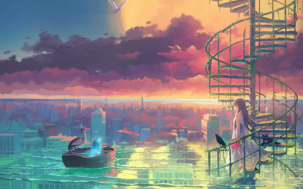 Anime scene featuring a girl in a white dress on a spiral staircase overlooking a scenic city with clouds. A cat sits by her, a bird flies above, and a crystal glows on a boat below. HD wallpaper.
