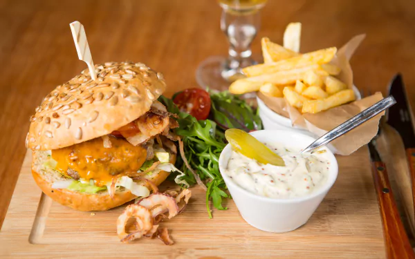 HD desktop wallpaper featuring a juicy burger with melted cheese, crispy French fries, fresh salad, and a creamy dipping sauce on a wooden board.