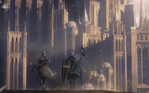 Two fantasy warriors, one with a shield and banner, stand before a grand cathedral in an 8K Ultra HD fantasy knight and warrior desktop wallpaper.