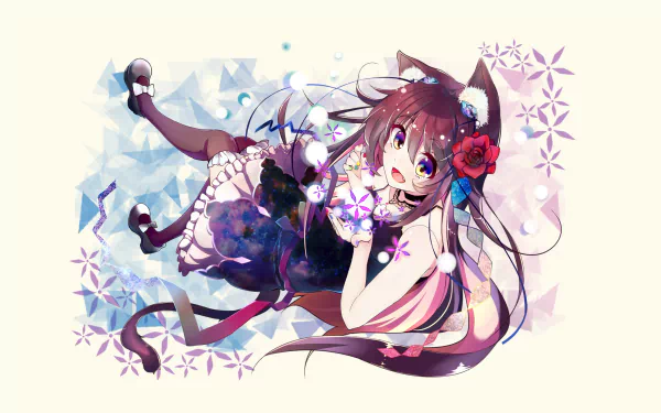 HD anime desktop wallpaper featuring a cute original cat girl with long hair, cat ears, and a floral accessory in a detailed, colorful style.