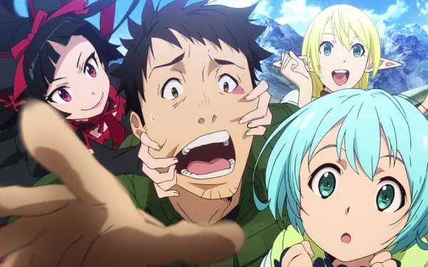 HD PC desktop wallpaper and background for Gate (2015) anime: Yōji Itami reaching toward viewer with Tuka Luna Marceau, Rory Mercury and Lelei la Lalena smiling around him against mountain sky.