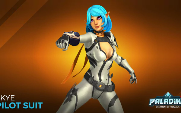 HD PC desktop wallpaper featuring Skye from the video game Paladins in her Pilot Suit, posed dynamically against an orange background.