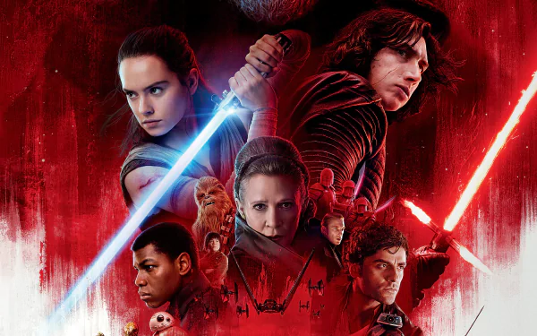 HD desktop wallpaper and background featuring characters from the movie Star Wars: The Last Jedi, with a dramatic red backdrop highlighting lightsabers and key faces from the film.