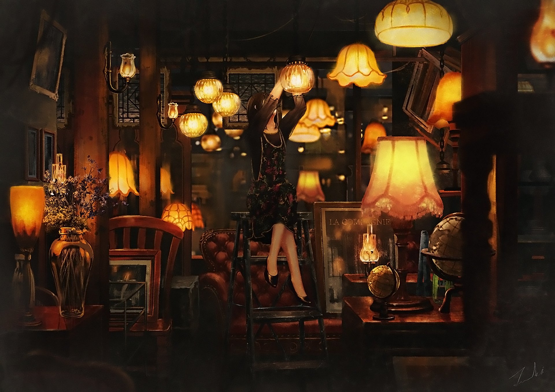 HD anime original desktop wallpaper: cozy lamp-lit room filled with assorted lanterns and lamps, a chair and shelves, warm golden glow creating a nostalgic anime room atmosphere.