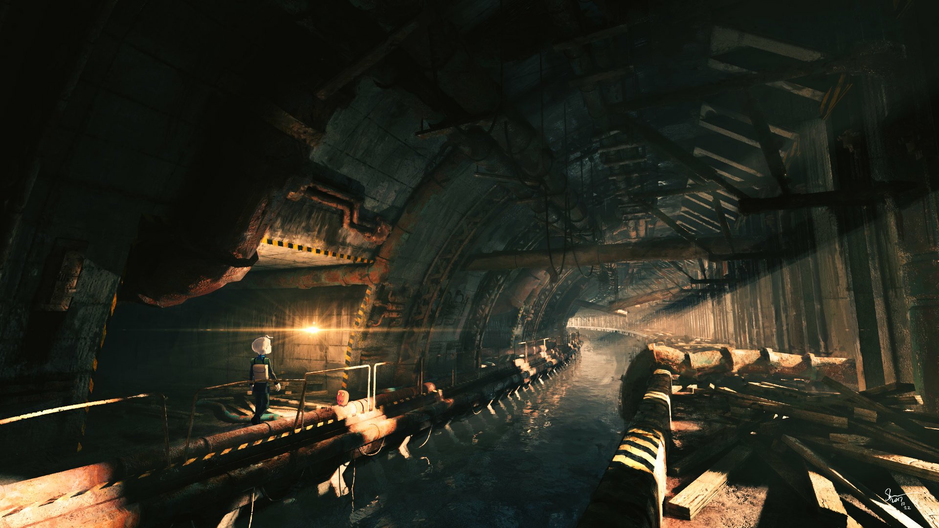 HD PC desktop wallpaper featuring an original anime-inspired dark tunnel scene with detailed lighting and industrial elements.