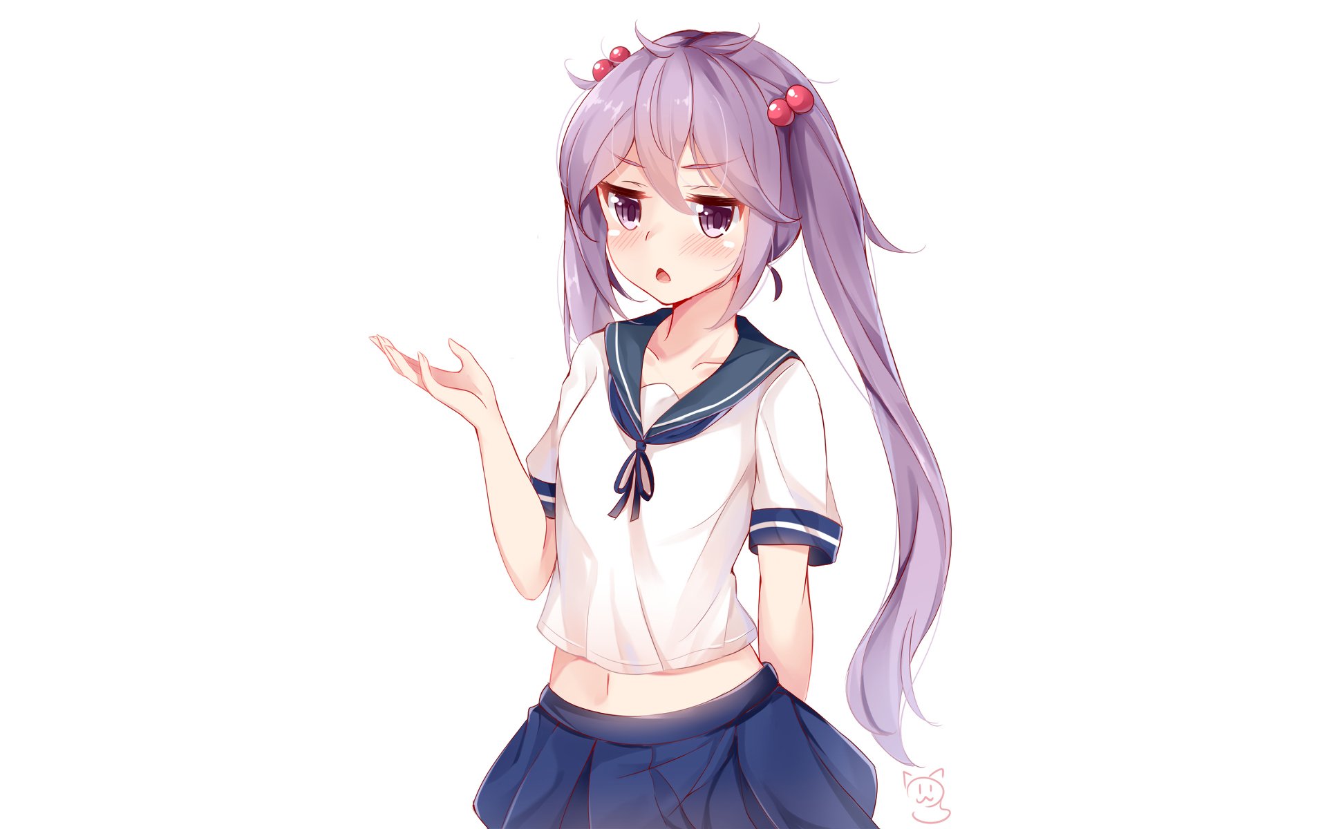 HD anime desktop wallpaper featuring Akebono from Kantai Collection, showcasing her in a sailor-style school uniform with long lavender hair and a gentle expression.