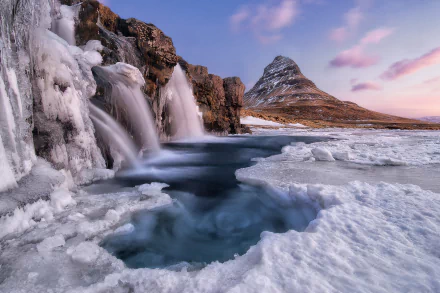waterfall Kirkjufoss ice Iceland winter nature Kirkjufell HD Desktop Wallpaper | Background Image