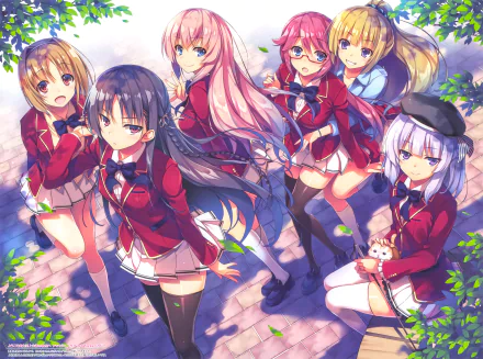 HD wallpaper featuring anime characters Honami Ichinose, Kei Karuizawa, Kikyō Kushida, Arisu Sakayanagi, Airi Sakura, and Suzune Horikita from Classroom of the Elite, walking together with cherry blossoms around.