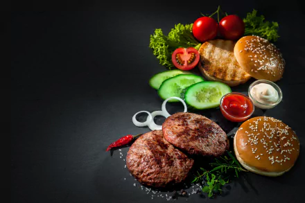 HD desktop wallpaper featuring a juicy burger with sesame seed buns, grilled meat patties, fresh vegetables, and condiments on a dark background.