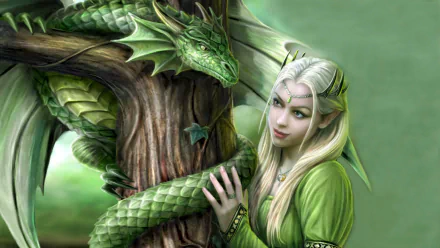 HD fantasy desktop wallpaper featuring a dragon wrapped around a tree, with a serene elf-like figure in green attire looking on.