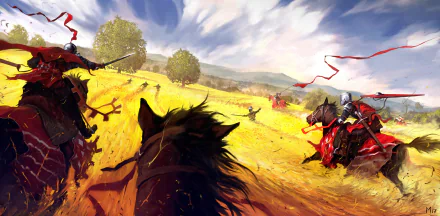 A dynamic fantasy scene featuring knights on horses wielding swords in a golden field, set against a wide expanse of blue sky and rolling hills. This HD wallpaper captures the adrenaline of a medieval battle.