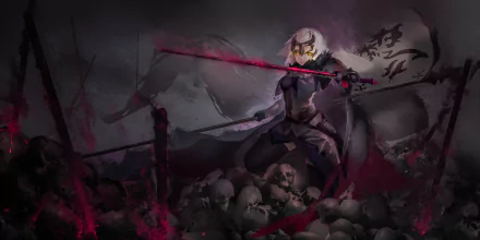 Jeanne d'Arc Alter from Fate/Grand Order stands atop skulls wielding a red lance and sword, with short white hair and glowing yellow eyes in a dark, anime-style scene.