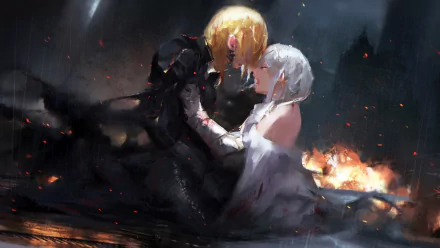 HD anime wallpaper featuring rain-soaked Saber and Ruler from Fate Series, with white and blonde hair, amidst fire and tears in a dramatic Fate/Grand Order scene.