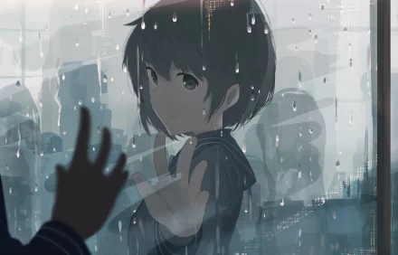 HD anime wallpaper featuring a character touching a rain-streaked window, creating a reflective, contemplative atmosphere.