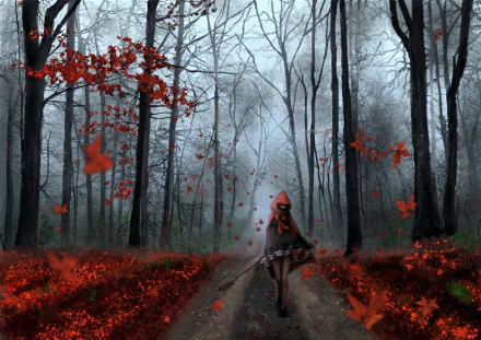 HD PC desktop wallpaper of a dark, misty forest road in fall, with vibrant red leaves and a mysterious figure resembling Red Riding Hood walking along the path.