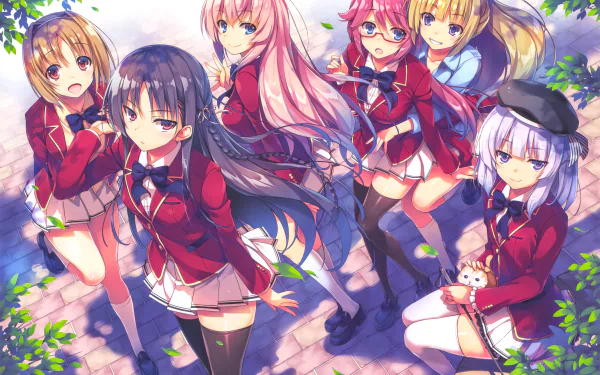 HD wallpaper featuring anime characters Honami Ichinose, Kei Karuizawa, Kikyō Kushida, Arisu Sakayanagi, Airi Sakura, and Suzune Horikita from Classroom of the Elite, walking together with cherry blossoms around.