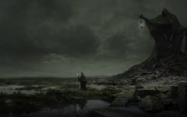 A dark landscape featuring the Grim Reaper standing beside a twisted tree with a lantern. This HD desktop wallpaper creates a grim and eerie background.