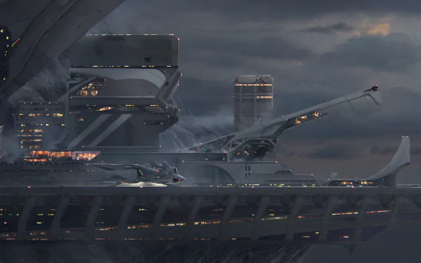 Sci-fi outpost with layered buildings and docked vehicles under a stormy sky, lit platforms and a hovering shuttle, 2K Quad HD PC desktop wallpaper and background.