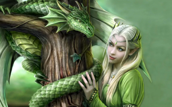 HD fantasy desktop wallpaper featuring a dragon wrapped around a tree, with a serene elf-like figure in green attire looking on.