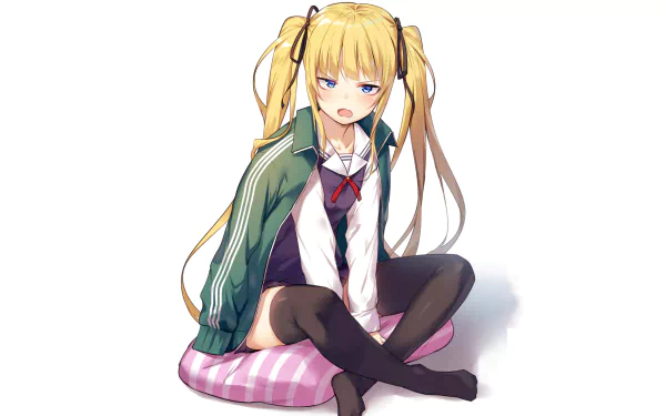 HD PC desktop wallpaper featuring Eriri Spencer Sawamura from the anime Saekano: How to Raise a Boring Girlfriend, depicted sitting with a thoughtful expression.