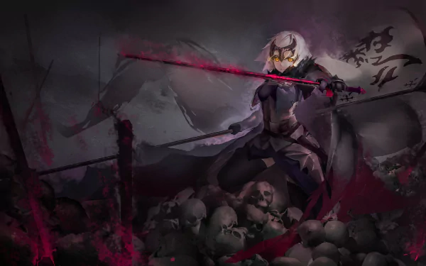 Fate (Series) Jeanne d'Arc (Fate Series) woman warrior yellow eyes white hair short hair lance sword skull Avenger (Fate/Grand Order) Jeanne d'Arc Alter Anime Fate/Grand Order HD Desktop Wallpaper | Background Image