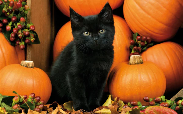 A black kitten sits among orange pumpkins, autumn leaves, and berries, creating a cozy fall-themed HD desktop wallpaper background.