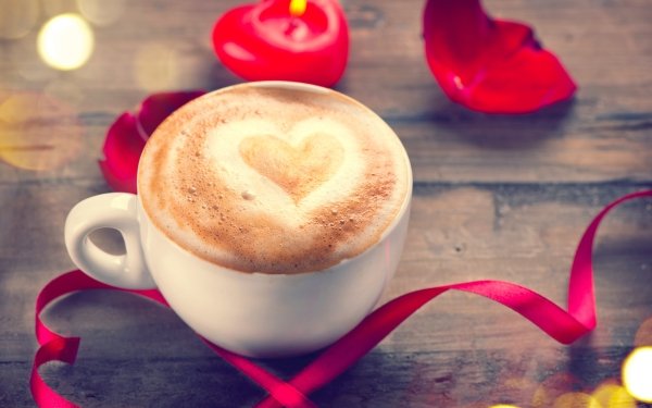 Food Coffee Cup Heart-Shaped Still Life Ribbon Romantic HD Wallpaper | Background Image