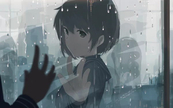 HD anime wallpaper featuring a character touching a rain-streaked window, creating a reflective, contemplative atmosphere.