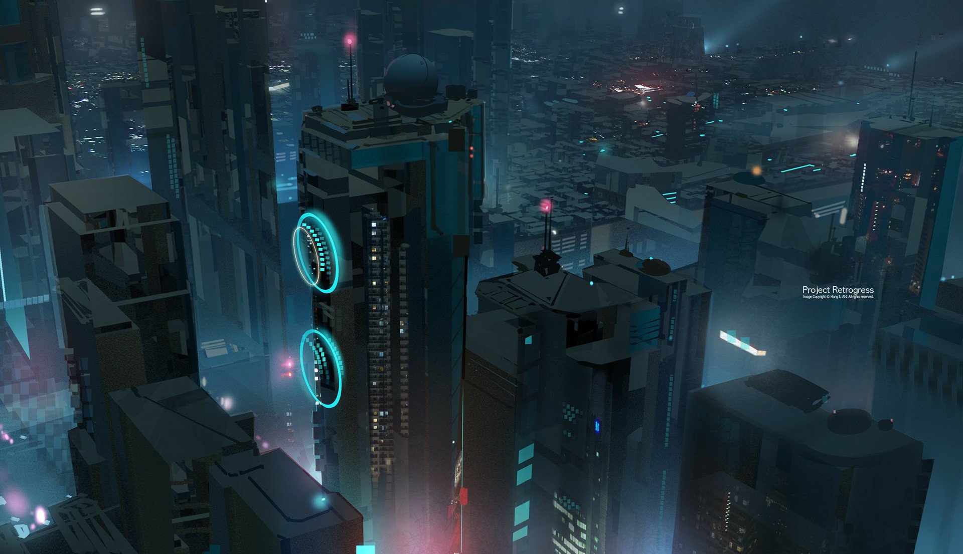 Sci‑Fi city HD PC desktop wallpaper and background: neon‑lit futuristic metropolis at night with towering skyscrapers, glowing circular rings, misty atmosphere and rain‑slick streets.