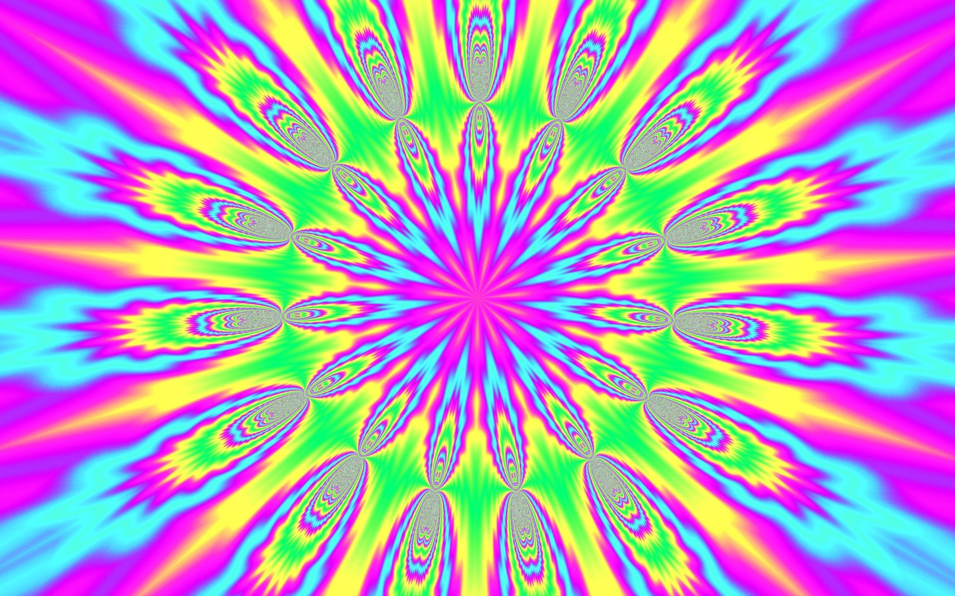 Vibrant psychedelic kaleidoscope pattern with swirling neon colors in an abstract, artistic design, presented as an HD PC desktop wallpaper and background.
