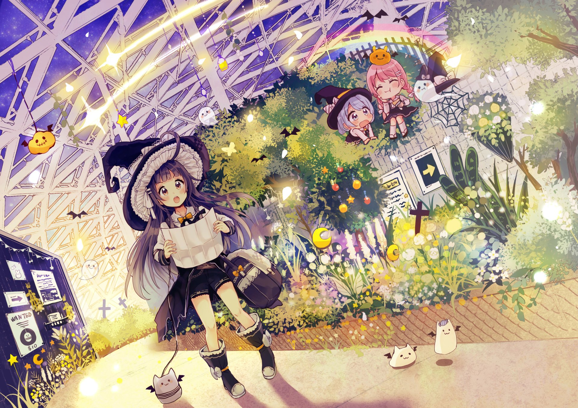 Anime original 4K Ultra HD desktop wallpaper: two girls with purple and pink hair in a luminous greenhouse; one wears a pumpkin hat and cape amid flowers and tiny creatures.