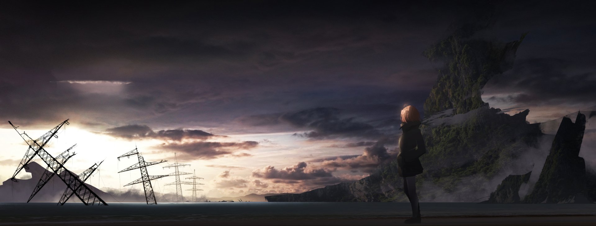 A stunning HD desktop wallpaper depicting an anime landscape with a dramatic sky, a girl standing on a cliffside, and power lines tilting into the distance.