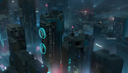 Sci‑Fi city HD PC desktop wallpaper and background: neon‑lit futuristic metropolis at night with towering skyscrapers, glowing circular rings, misty atmosphere and rain‑slick streets.