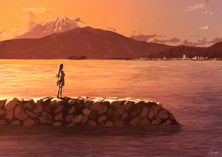 Anime HD desktop wallpaper featuring Dia Kurosawa from Love Live! Sunshine!! in a school uniform, standing by a lake with a mountain and volcano in the background, bathed in a beautiful sunset.