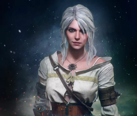 HD desktop wallpaper featuring Ciri from the video game The Witcher 3: Wild Hunt, against a starry, mystical background.