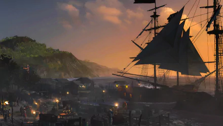 HD fantasy desktop wallpaper depicting a pirate ship anchored in a harbor at sunset, with glowing town lights and a mountainous backdrop.