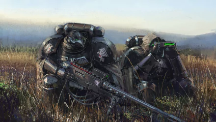 Two armored warriors equipped with sniper rifles blend into the tall grass, poised and ready. This HD desktop wallpaper captures the intense atmosphere of the Warhammer 40k universe.