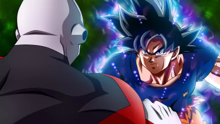 HD desktop wallpaper featuring Jiren and Goku from Dragon Ball Super, facing off with intense expressions, surrounded by energy auras.