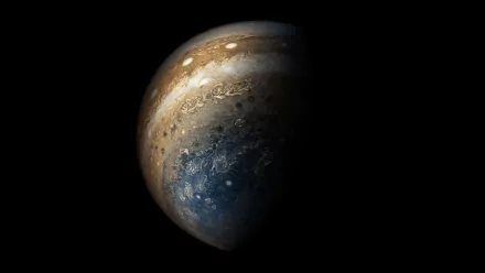 HD Sci-Fi desktop wallpaper featuring a stunning, detailed image of the planet Jupiter against a black background.