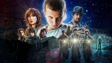 HD desktop wallpaper and background image of the TV show Stranger Things, featuring the main characters in a dramatic and dynamic composition, set against a dark, mysterious backdrop.