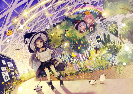 Anime original 4K Ultra HD desktop wallpaper: two girls with purple and pink hair in a luminous greenhouse; one wears a pumpkin hat and cape amid flowers and tiny creatures.