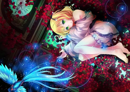 Anime-style original HD desktop wallpaper featuring a blonde girl with short hair, green eyes, in a flowing dress surrounded by vibrant flowers and cosmic elements.
