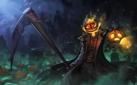 HD desktop wallpaper featuring a Halloween scene with a jack-o'-lantern monster holding a scythe in a spooky graveyard surrounded by glowing pumpkins.