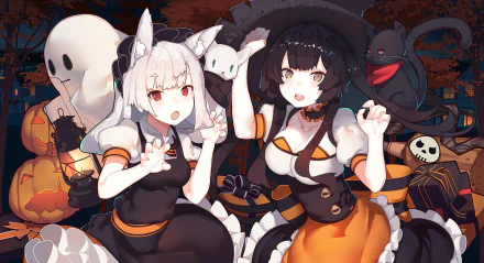 An HD desktop wallpaper featuring anime characters with nekomimi. They have short hair, one with white hair, and are dressed in Halloween-themed outfits surrounded by pumpkins, ghosts, and festive decorations.
