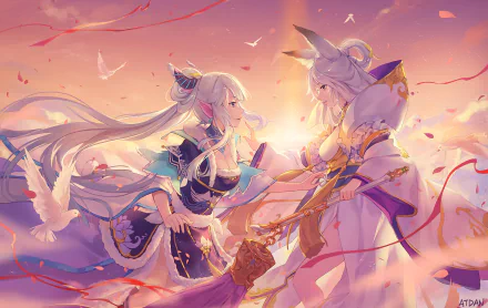 HD anime desktop wallpaper featuring two anime girls in ornate outfits, standing amidst a vibrant sunset with flowing hair and ribbons, surrounded by doves and ethereal light.