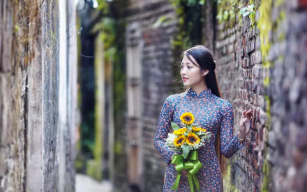 traditional costume brick brunette bouquet depth of field model woman asian HD Desktop Wallpaper | Background Image