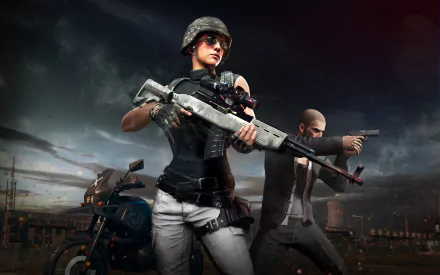 HD desktop wallpaper featuring characters from the video game Playerunknown's Battlegrounds, showcasing a fierce female soldier armed with a rifle and a male character with a handgun in a dramatic pose.