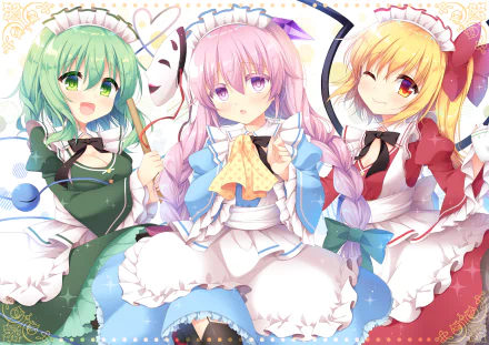 HD anime desktop wallpaper showing Touhou characters Koishi Komeiji, Hata no Kokoro, and Flandre Scarlet in colorful frilled outfits, smiling.